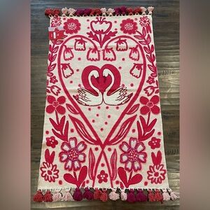 Heart & Swan Floral Tapestry Rug in Red Pink and Cream New With Tags 27” x 45”